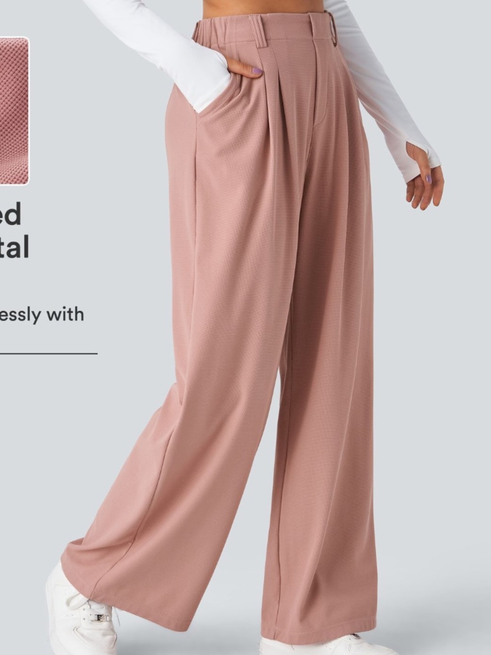 Halara Flex Petite High Waisted Pocket Wide Leg Waffle Work Pants M Rose Pink